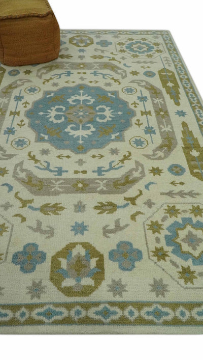 6x9 Ivory, Olive and Teal Hand Knotted Traditional Medallion wool Area Rug - The Rug Decor