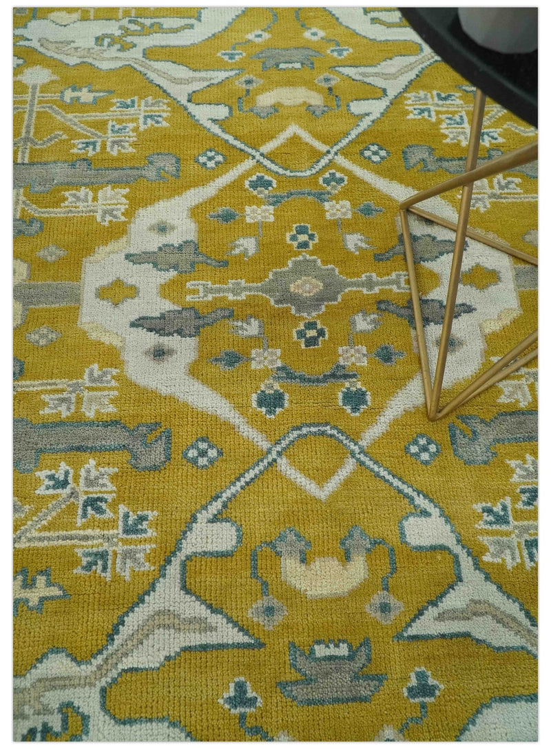 6x9 Mustard, Ivory and Gray Hand Knotted Traditional Oriental Oushak wool area rug - The Rug Decor