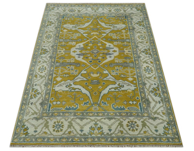 6x9 Mustard, Ivory and Gray Hand Knotted Traditional Oriental Oushak wool area rug - The Rug Decor