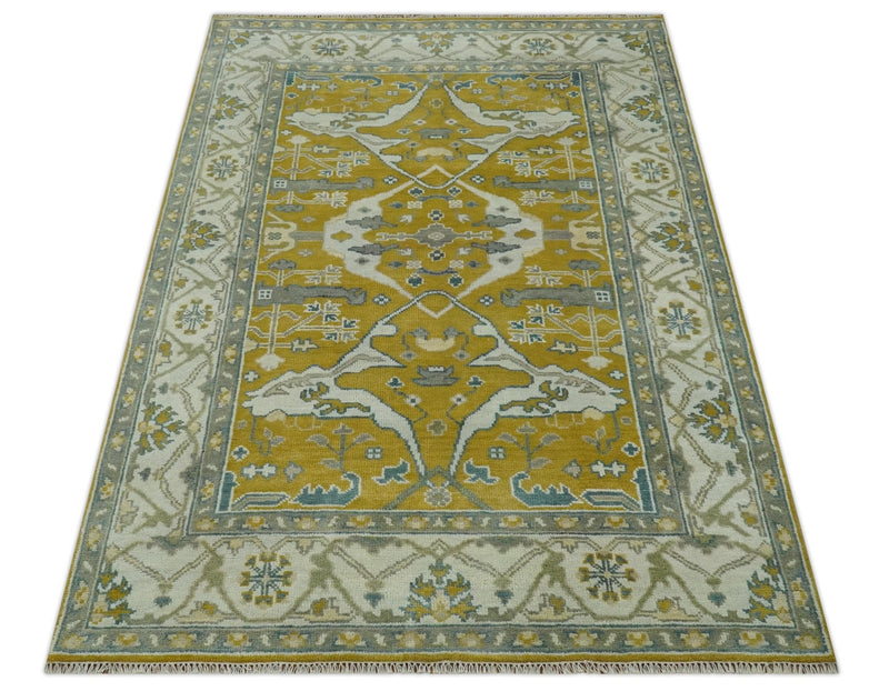 6x9 Mustard, Ivory and Gray Hand Knotted Traditional Oriental Oushak wool area rug - The Rug Decor