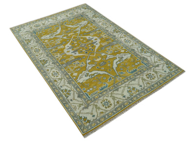 6x9 Mustard, Ivory and Gray Hand Knotted Traditional Oriental Oushak wool area rug - The Rug Decor