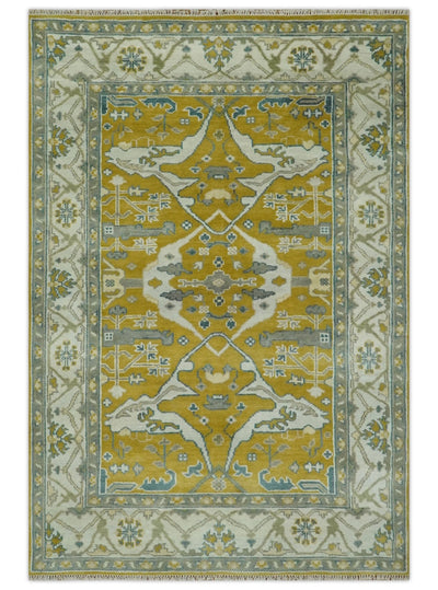 6x9 Mustard, Ivory and Gray Hand Knotted Traditional Oriental Oushak wool area rug - The Rug Decor