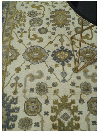 6x9 Traditional Hand Knotted Ivory, Charcoal and Olive Oriental Oushak wool rug - The Rug Decor