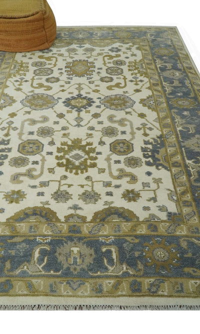 6x9 Traditional Hand Knotted Ivory, Charcoal and Olive Oriental Oushak wool rug - The Rug Decor