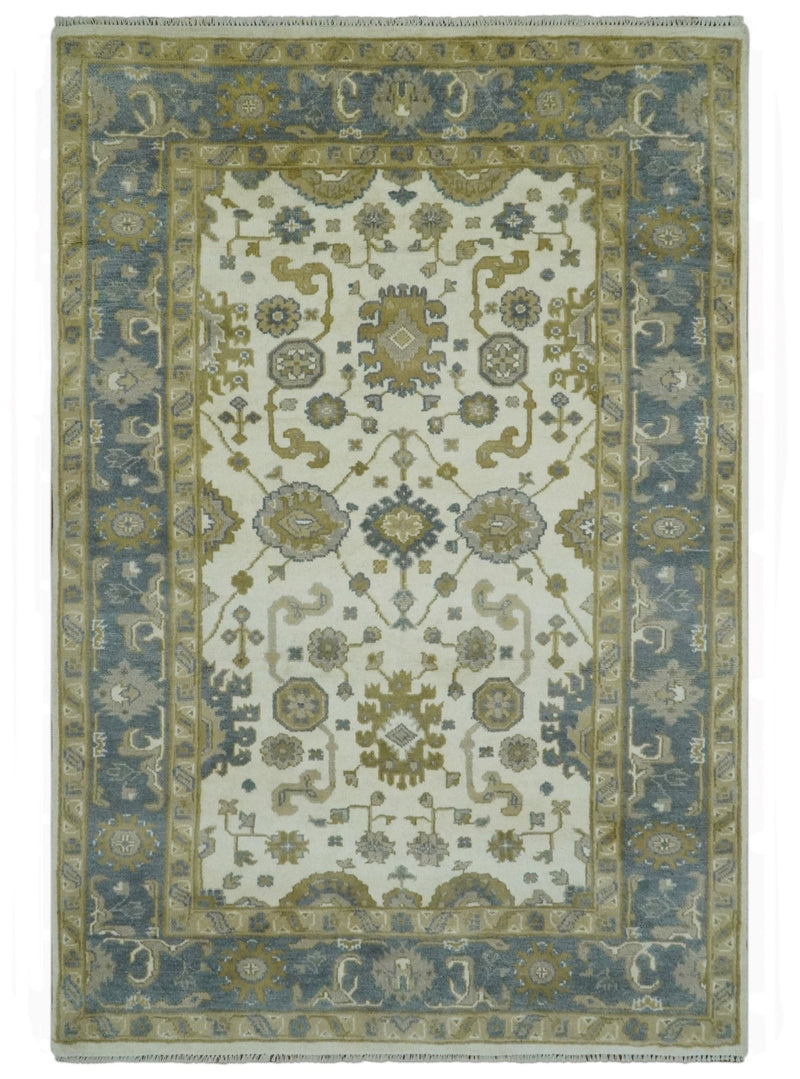 6x9 Traditional Hand Knotted Ivory, Charcoal and Olive Oriental Oushak wool rug - The Rug Decor