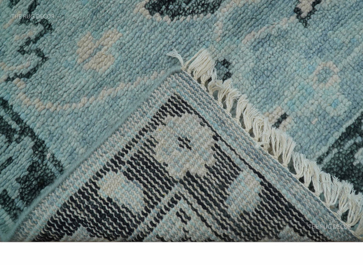 Custom Made Oushak Blue And Beige Hand Knotted Wool Rug