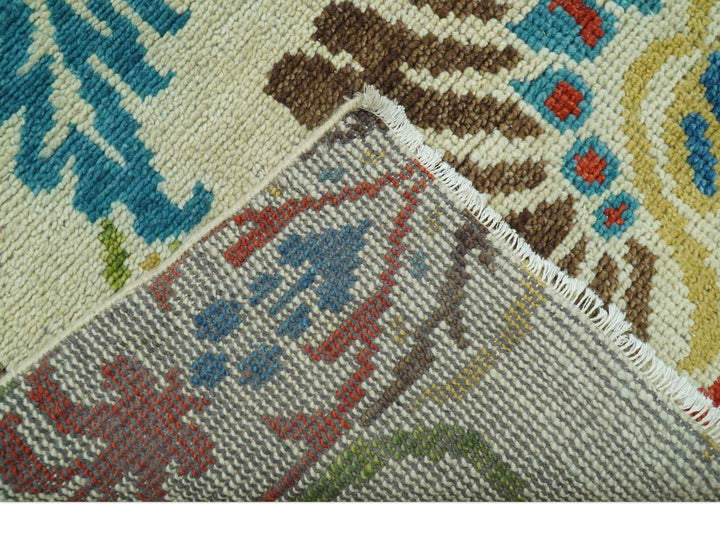 Custom Made Vintage Floral Ikat Design Beige And Blue Hand Knotted Wool Rug