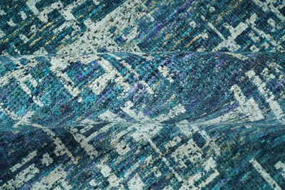 Modern Abstract Hand Knotted Teal and Ivory Contemporary Recycled Silk Area Rug