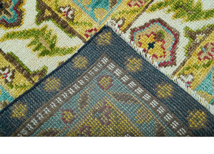 Custom Made Traditional Serapi Design Blue And Mustard Hand Knotted Wool Rug