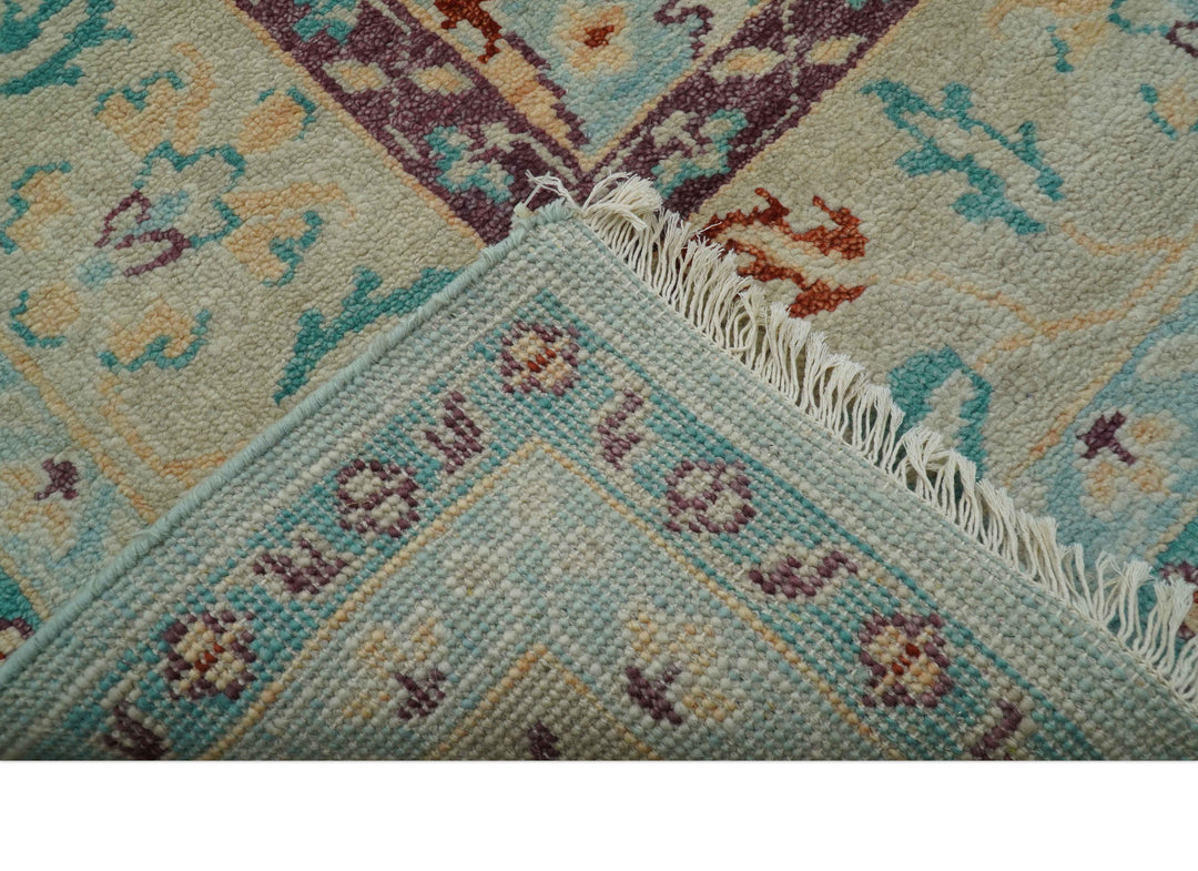 Teal And Beige Traditional Oushak Hand Knotted Wool Area Rug