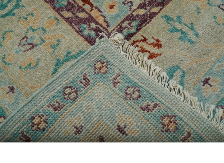 Teal And Beige Traditional Oushak Hand Knotted Wool Area Rug