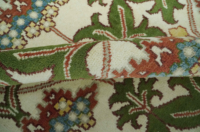 Hand Knotted Ivory and Green Floral Traditional Antique Style Wool Area Rug