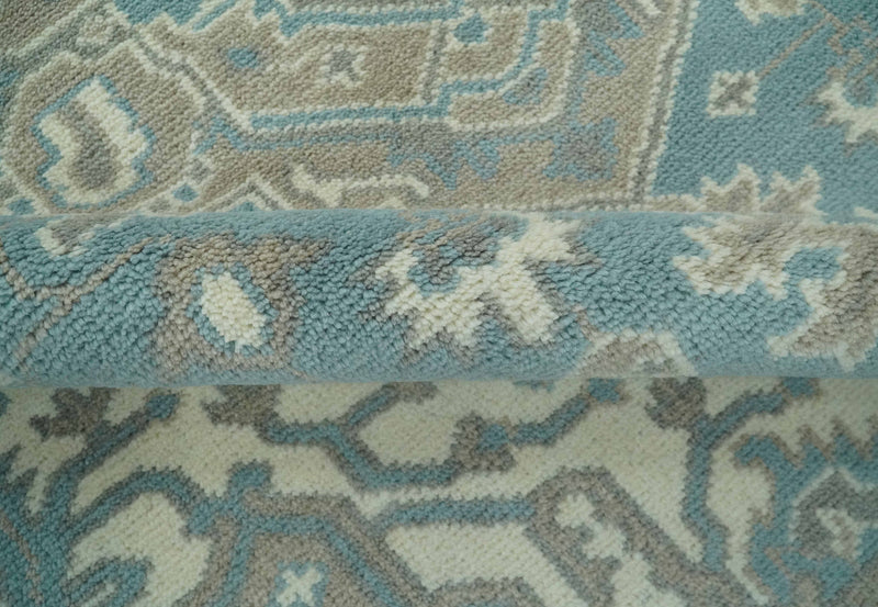 Custom Made Hand Knotted Blue, Ivory, Camel and Gray Traditional Heriz wool rug