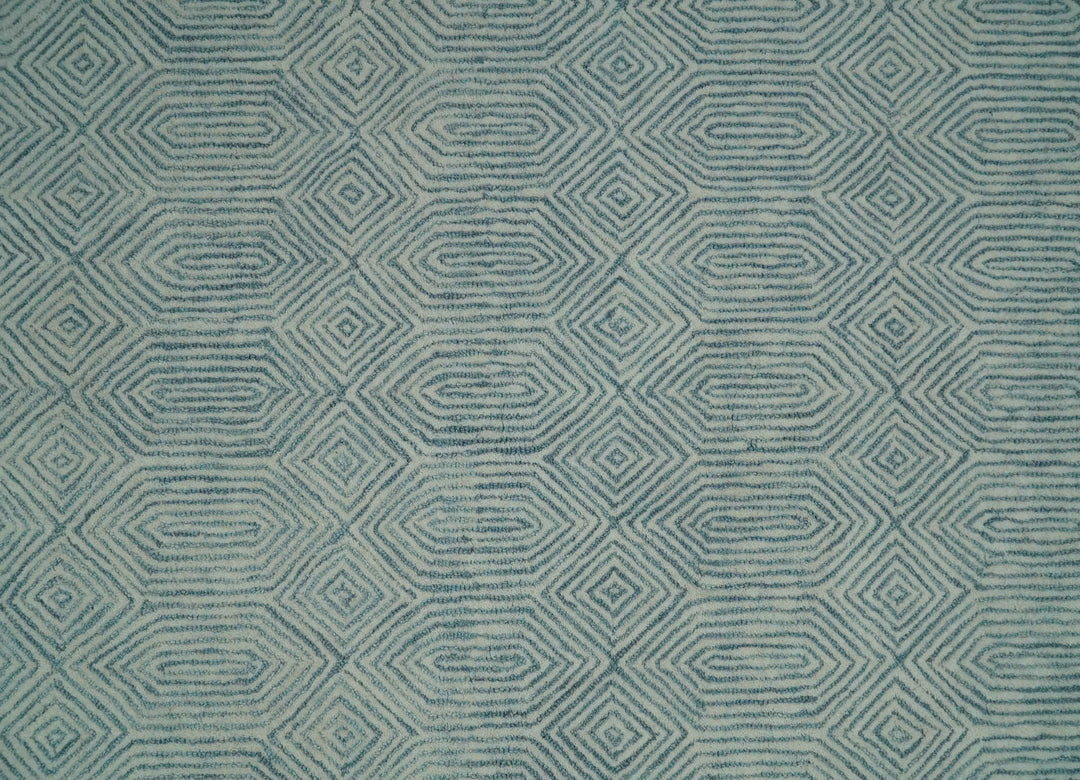 Ready to Ship Teal And Ivory Modern Contemporary Hand Tufted 8x10 Wool Rug