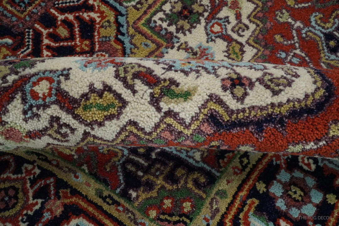 Hand-knotted wool rug close-up of inner border with multicolor motifs