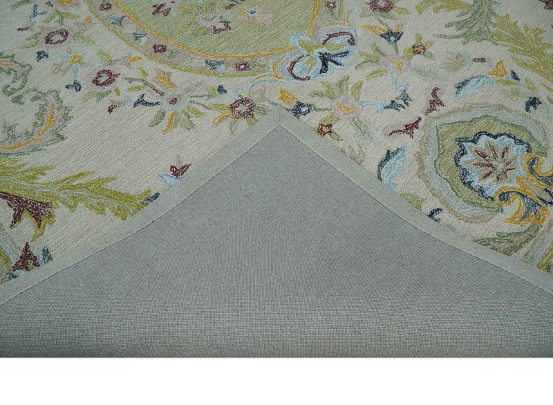 Ivory and Green Custom Made French Design Aubusson Hand Tufted Wool Area Rug