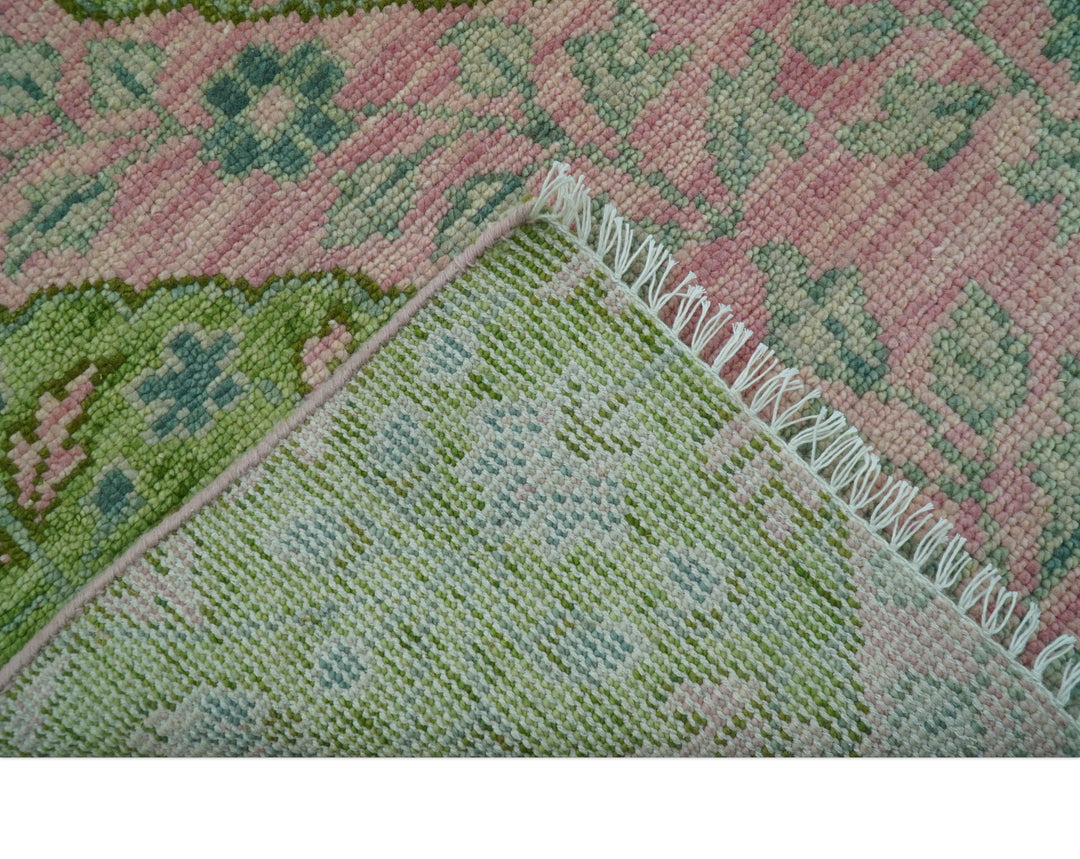 Custom Made Pink And Green Traditional Floral Motifs Design Hand Knotted wool area rug