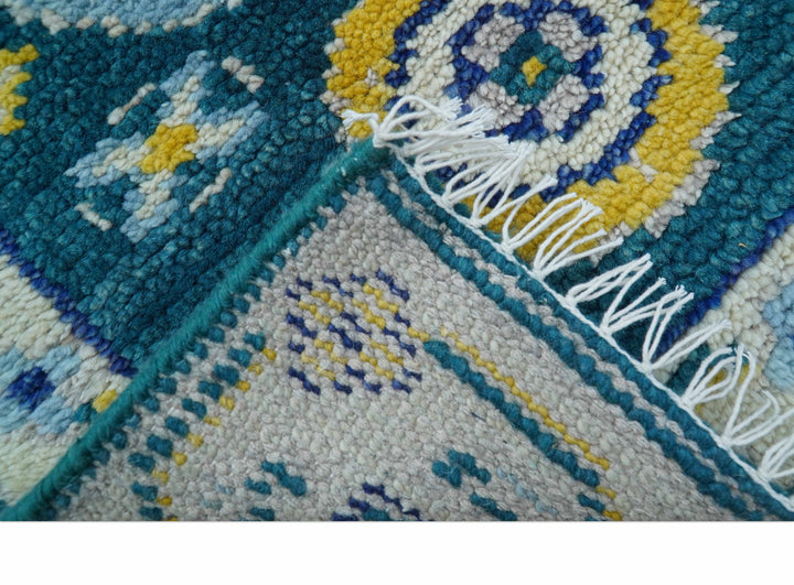 Hand knotted 2x3 Yellow And Teal Traditional Khotan Design Wool Area Rug