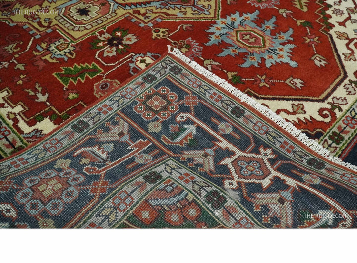 Serapi rug corner folded back to show its woven underside and fringe