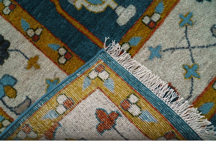 Fine Teal And Ivory Traditional Tree of life Hand Knotted Wool Rug