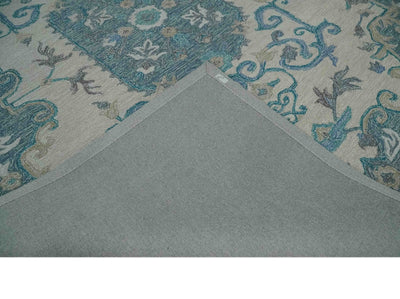 French Design Aubusson 8x10 Ivory and Blue Hand Tufted Wool Area Rug