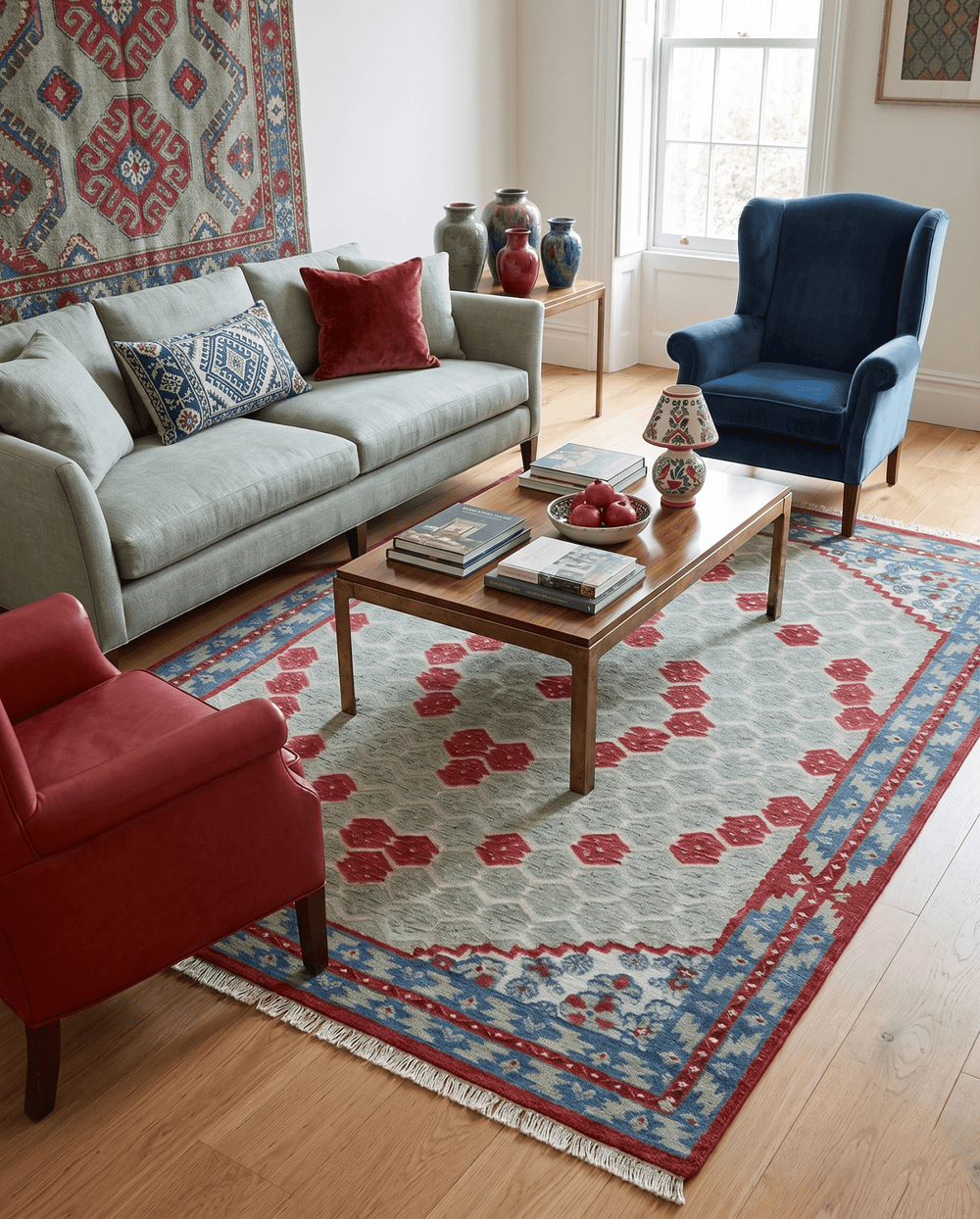 7x10 Hand Knotted Gray, Red and Blue Traditional Wool Rug - The Rug Decor