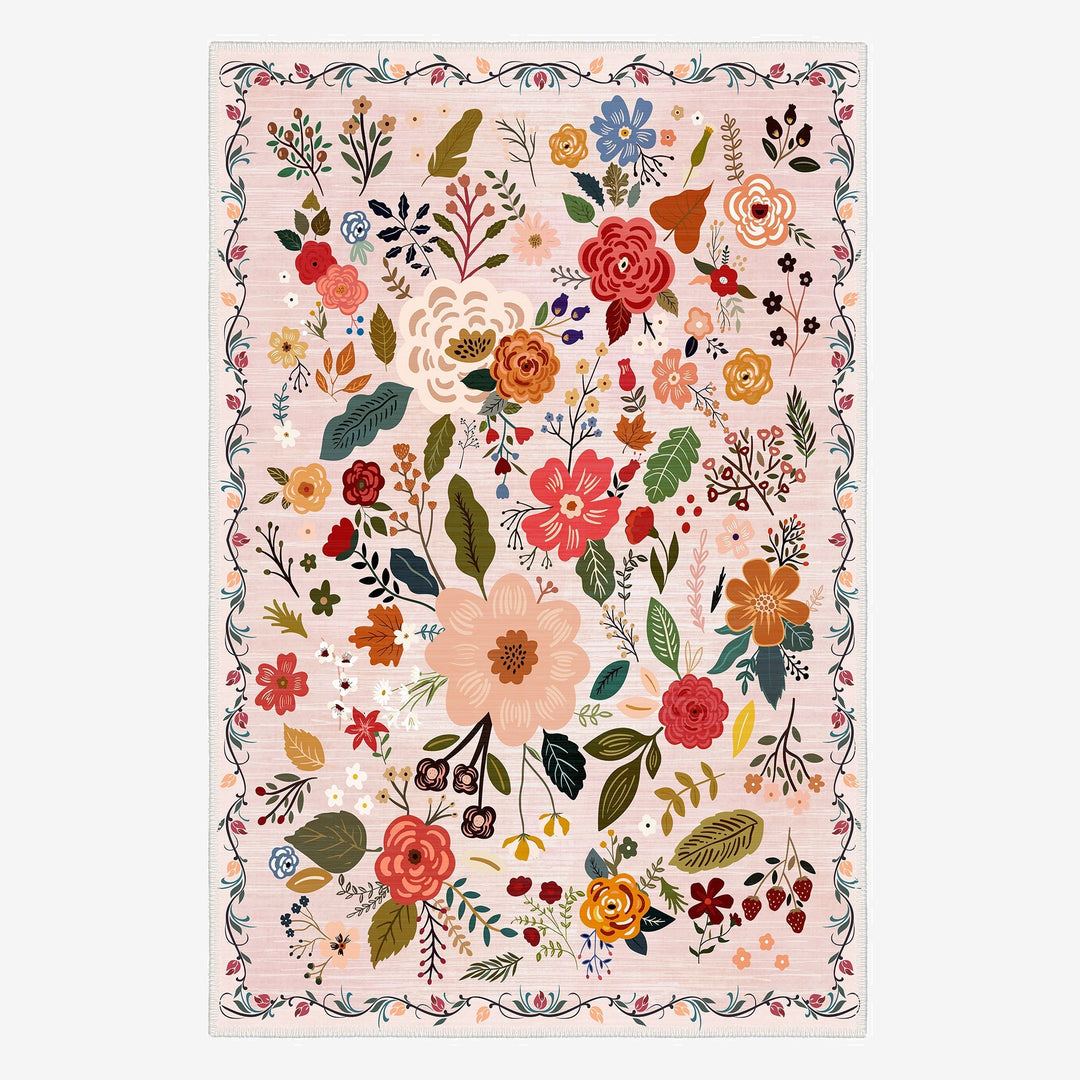 Modern Floral Peach Machine Washable Cotton Area Rug