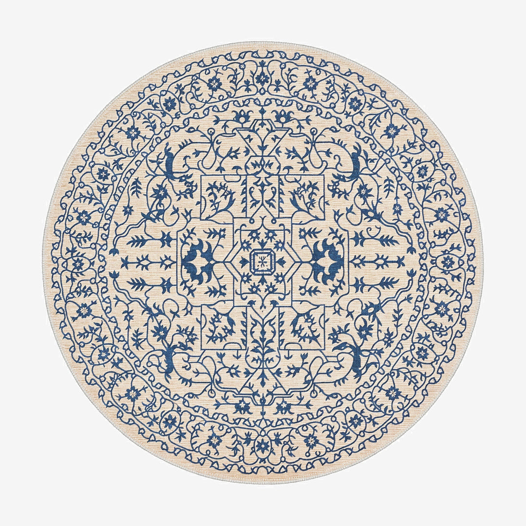 Traditional Blue And Beige Machine Washable Cotton Area Rug