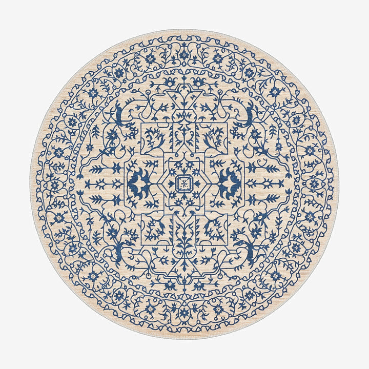 Traditional Blue And Beige Machine Washable Cotton Area Rug