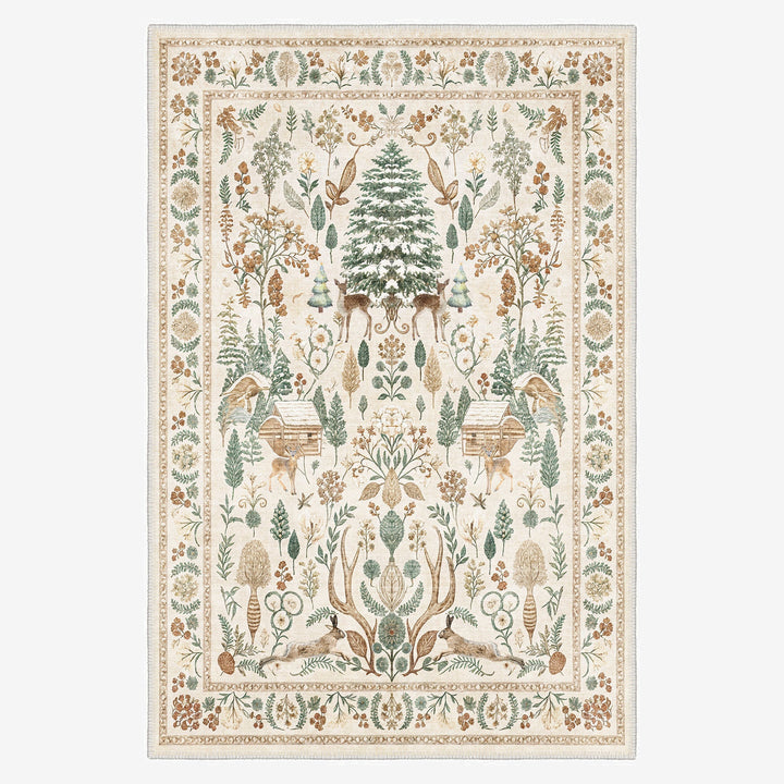 Tree of Life Beige And Green Machine Washable Cotton Area Rug
