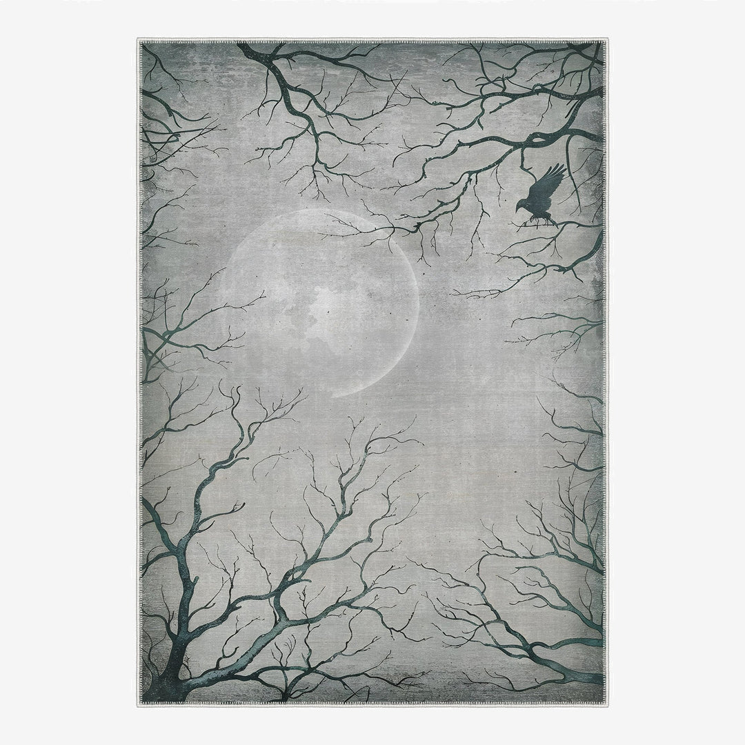Avon Halloween Moon and Night Design Gray Machine Washable Cotton Rug