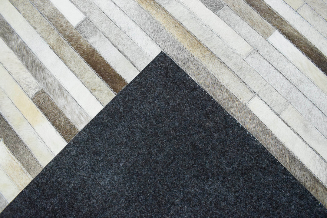 Ready to Ship Modern Stripe Beige And Silver Handmade 5x8 Leather Rug
