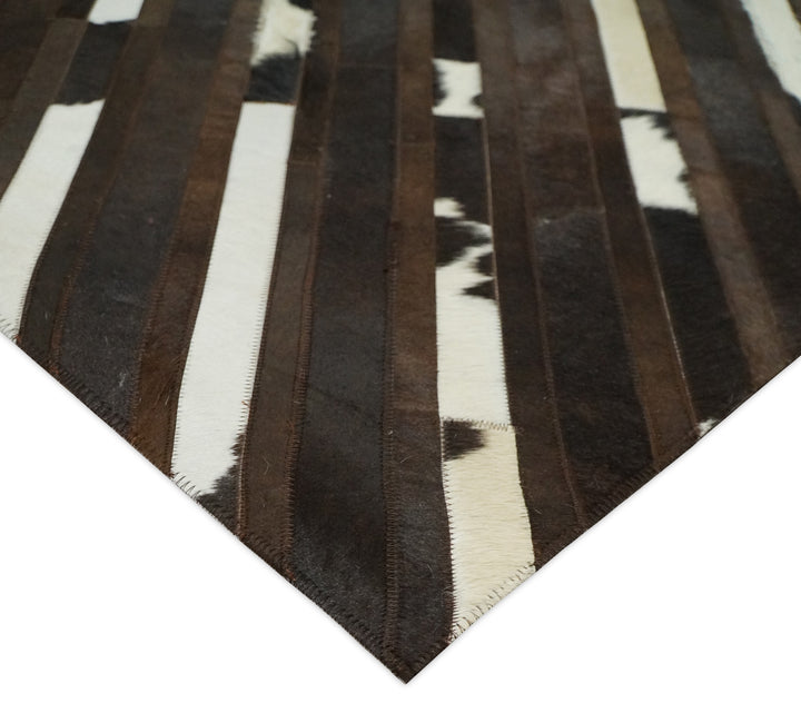 Quick Ship 2.6x8 Modern Stripe Brown And Ivory Handmade Leather Rug