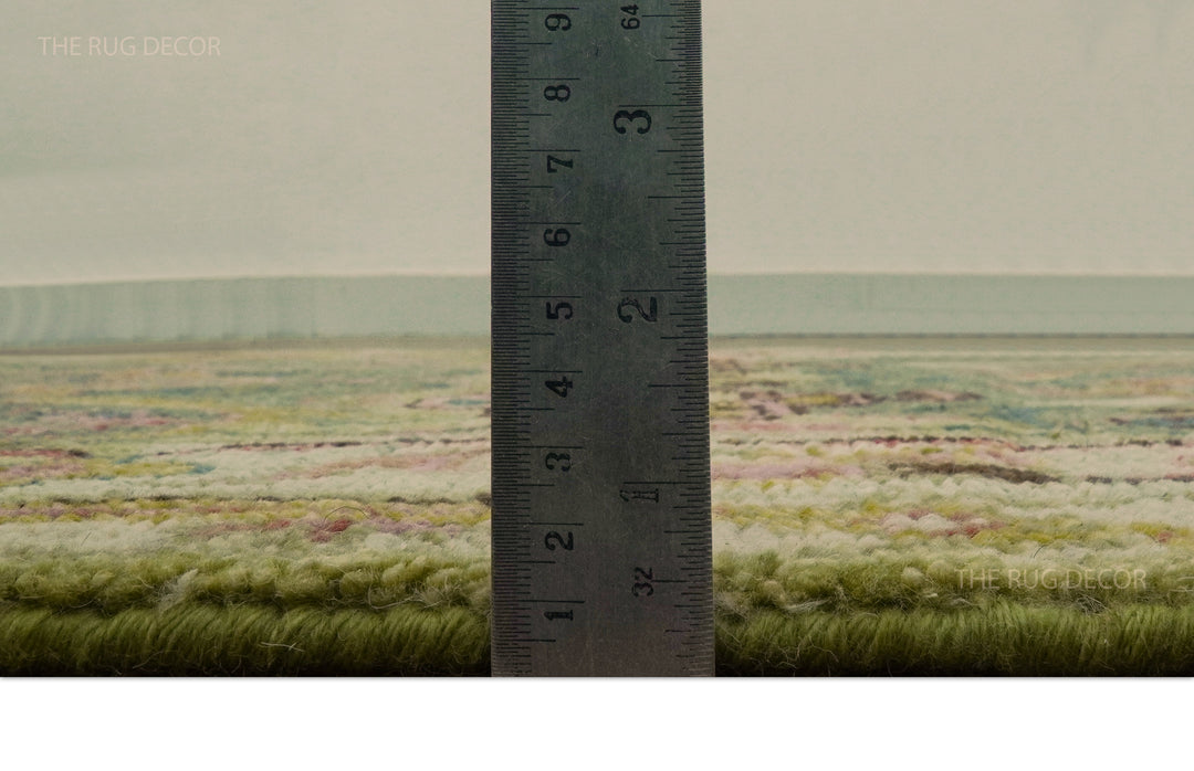 Runner rug side profile beside a ruler, showing its low pile