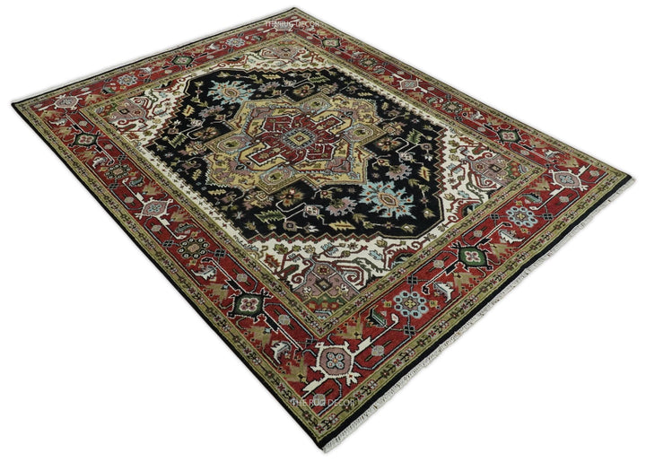Hand-knotted wool rug top view with dark center medallion and red frame border