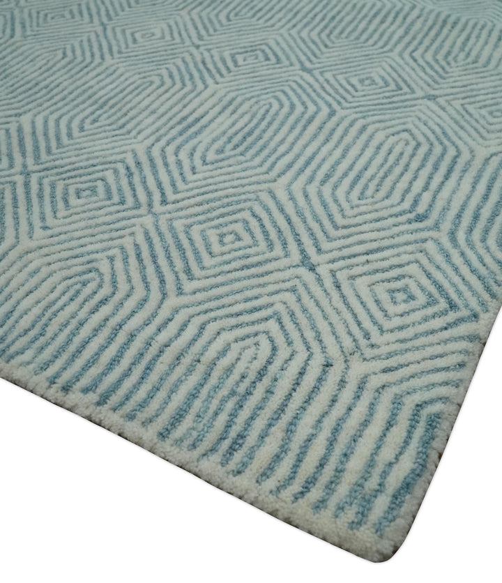 Ready to Ship Teal And Ivory Modern Contemporary Hand Tufted 8x10 Wool Rug