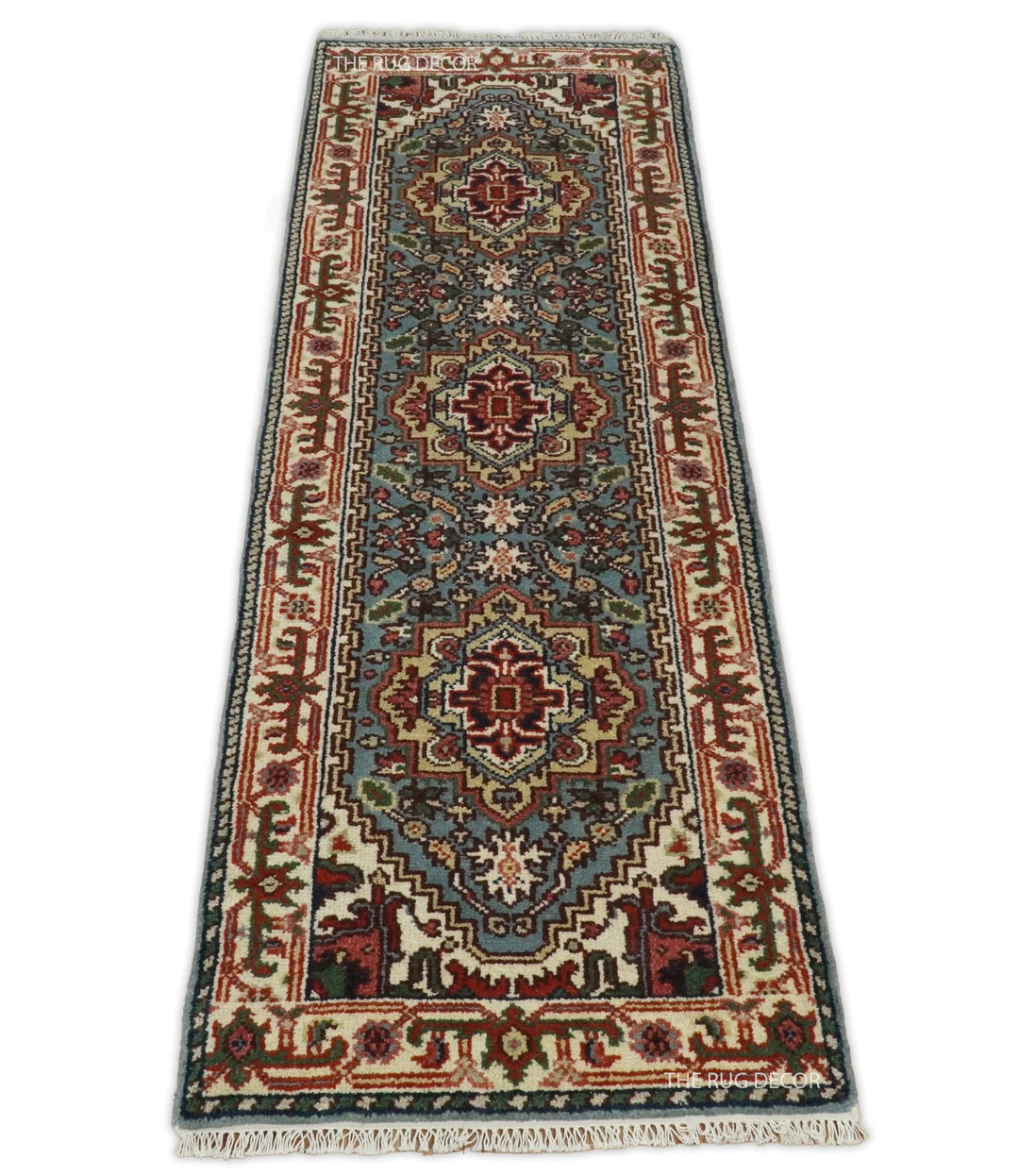 Traditional blue and ivory wool runner rug with three central medallions