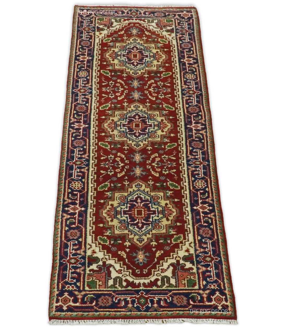 Traditional runner rug with a red center, three medallions, and ornate blue borders