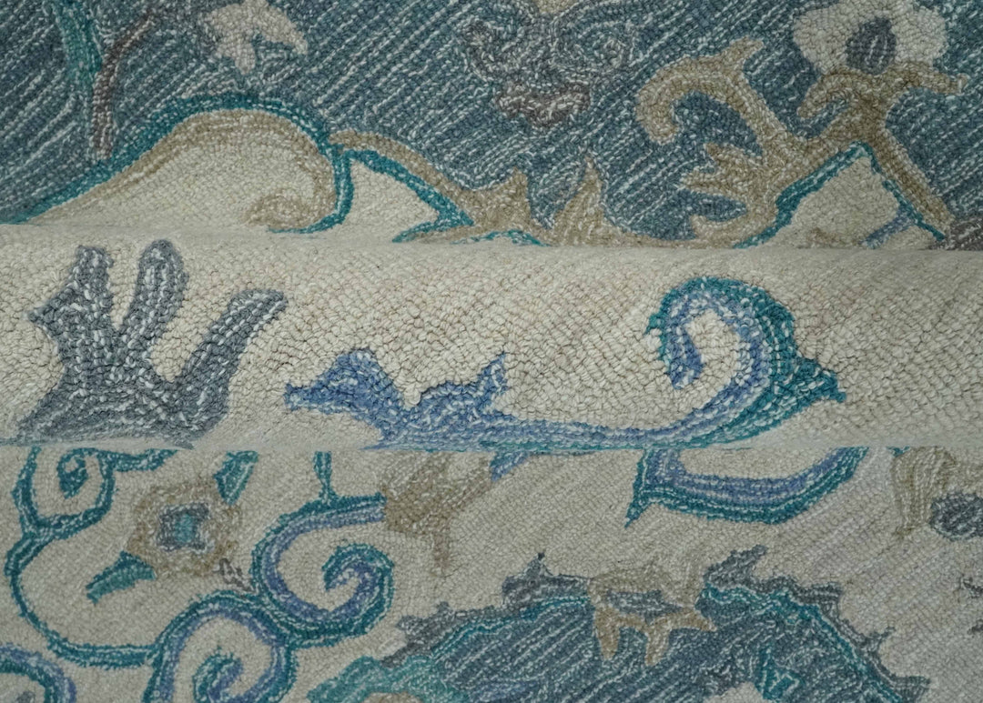 French Design Aubusson 8x10 Ivory and Blue Hand Tufted Wool Area Rug