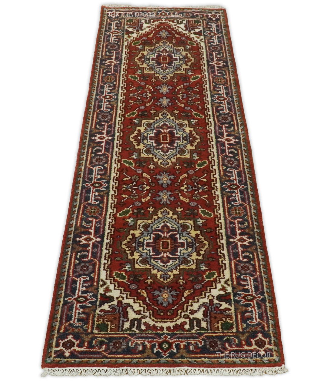 Sera Runner rug with three medallions, ornate borders, and cream fringe