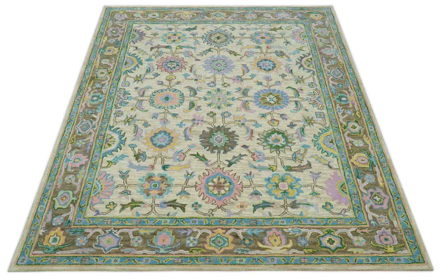 Vibrant Colorful Beige, Blue and Purple Traditional Floral Hand Tufted 8x10 wool rug