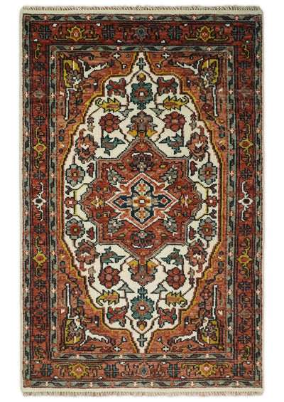 8x10, 9x12, 10x14 and 12x15 Hand Knotted Ivory and Rust Traditional Area Rug - The Rug Decor