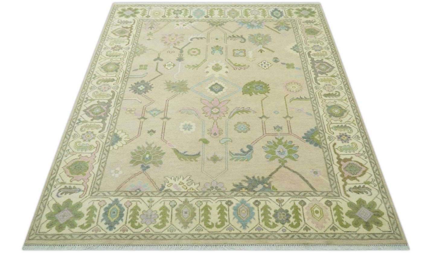 8x10 Beige and Green Hand Knotted Traditional Oriental Oushak wool area rug - The Rug Decor