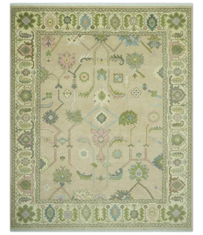 8x10 Beige and Green Hand Knotted Traditional Oriental Oushak wool area rug - The Rug Decor