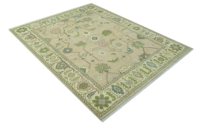 8x10 Beige and Green Hand Knotted Traditional Oriental Oushak wool area rug - The Rug Decor