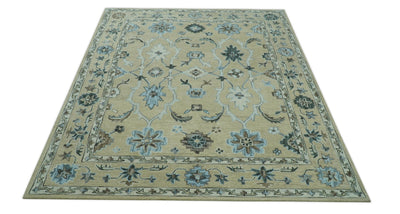 8x10 Beige, Ivory and Blue Hand Tufted Floral Oriental Oushak wool area rug - The Rug Decor