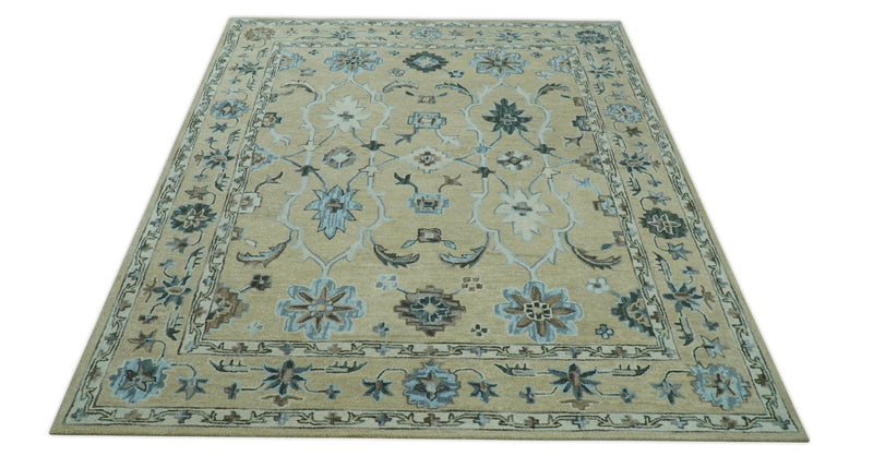 8x10 Beige, Ivory and Blue Hand Tufted Floral Oriental Oushak wool area rug - The Rug Decor