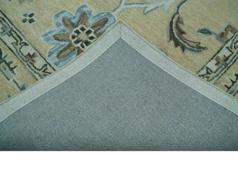 8x10 Beige, Ivory and Blue Hand Tufted Floral Oriental Oushak wool area rug - The Rug Decor