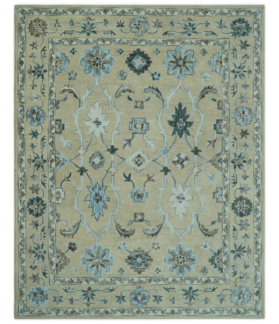 8x10 Beige, Ivory and Blue Hand Tufted Floral Oriental Oushak wool area rug - The Rug Decor