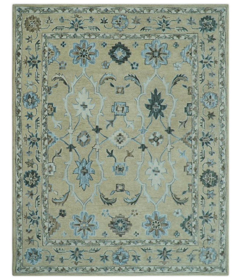 8x10 Beige, Ivory and Blue Hand Tufted Floral Oriental Oushak wool area rug - The Rug Decor